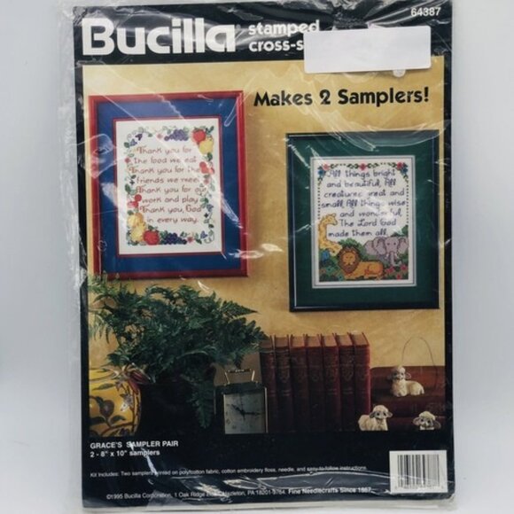 Vintage Bucilla Stamped Cross Stitch Sampler Religious Prayer Fruit Animals Set - Picture 2 of 12